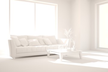 Fototapeta premium Mock up of stylish room in white color with sofa. Scandinavian interior design. 3D illustration