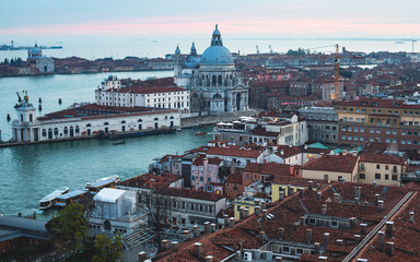 Naklejka na ściany i meble Beautiful super wide-angle aerial view of Venice, Italy with harbor, islands, skyline and scenery beyond the city, seen from the observation tower of St Mark's Campanile