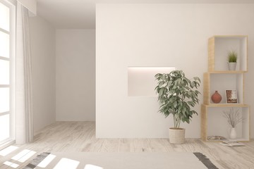 Empty room in white color. Scandinavian interior design. 3D illustration