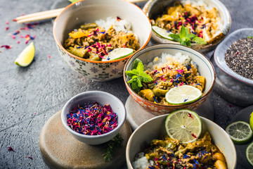  Top view composition of various Asian food in bowl
