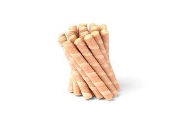 Sweet chocolate waffle rolls isolated on white background.