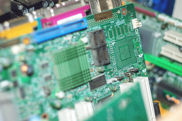 Many PC Computer motherboards. Circuit cpu chip mainboard core processor electronics devices. Old Motherboard digital chip. Technology background. Selective focus