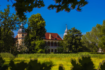 Obraz premium HDR Photo of Palace in Krobielowice, Poland. XVI Century Renaissance Palace with Old Gate. 