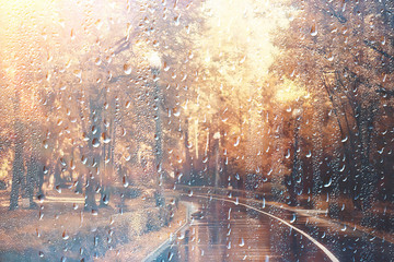 background wet glass drops autumn in the park / view of the landscape in the autumn park from a wet window, the concept of rainy weather on an autumn day