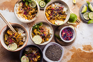  Top view composition of various Asian food in bowl