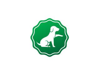 Cute dog sitting and Shaking hand in the shape logo design illustration
