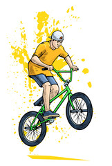 Fototapeta na wymiar Vector illustration of a bmx rider jumping. Beautiful extreme sport poster. Bmx competition contestant shows stunts. Bicycle rider, cyclist, youth culture. Abstract background