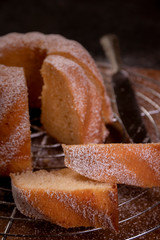 homemade bundt cake with icing sugar.