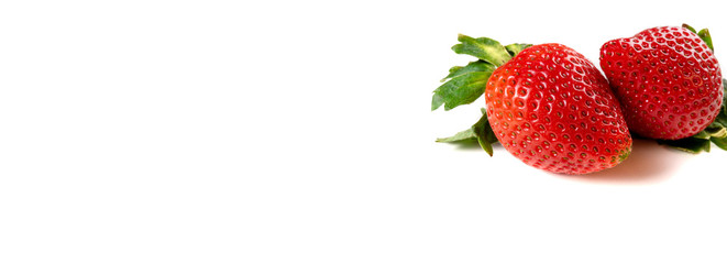 Strawberry on white background. Summer berry background. Fresh strawberry for healthy food and diet. Long format for banner with copy space