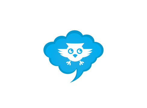 Owl open eyes and fly in a chat icon for logo design illustration
