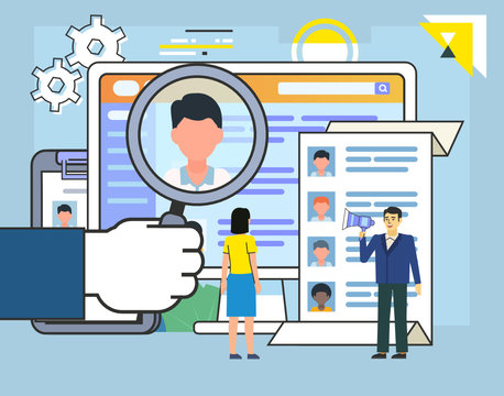 Recruitment department, search for new employees. People stand near big screen, recruitment website. Poster for web page, social media, banner, presentation. Flat design vector illustration