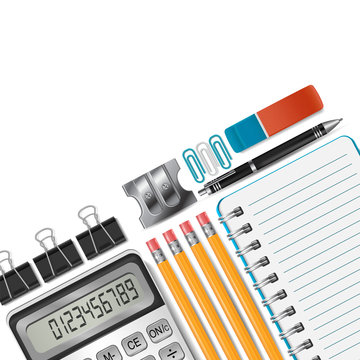 Office supplies and school stationery background with free space for text. Realistic vector illustration.