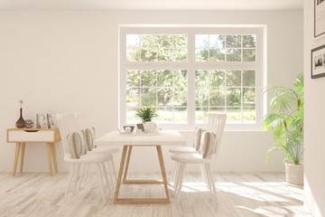 White dinner room with green landscape in window. Scandinavian interior design. 3D illustration