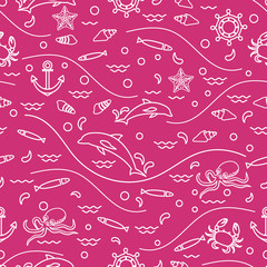 Cute seamless pattern with dolphins, octopus, fish, anchor, helm, waves, seashells, starfish, crab.