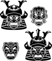 Samurai Head and Masks Set, Isolated Vector
