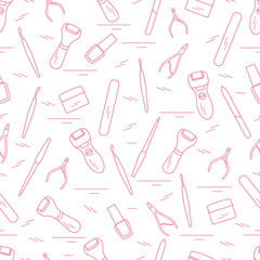 Seamless pattern with variety tools for manicure and pedicure. Personal care.