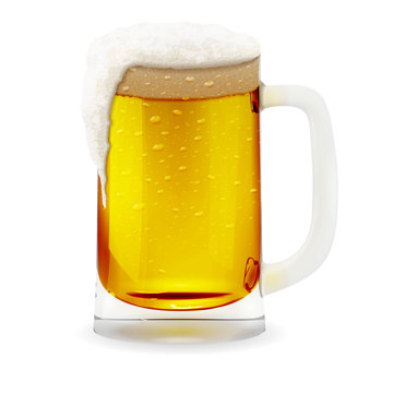 Vector realistic transparent glass with foamy beer. Alcohol drink glass icon illustration