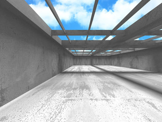 Concrete room wall construction on cloudy sky background