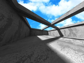 Concrete room wall construction on cloudy sky background