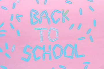 paper clips lined with the inscription - back to school. the photo is toned in two colors - pink and blue