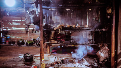 A Karen Hill Tribe Bamboo Kitchen or Stove in A Bamboo House in Mae Hong Son Province, Northern...