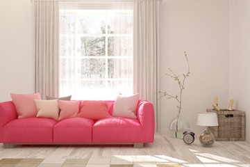 Stylish room in white color with sofa and winter landscape in window. Scandinavian interior design. 3D illustration