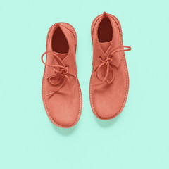 Brown coral men's suede shoes are on the background of green pastel color. Flat lay, top view minimal fashion composition.