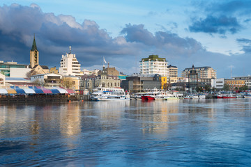Valdivia, Region de Los Rios, Chile - View of downtown Valdivia across the Calle Calle River.