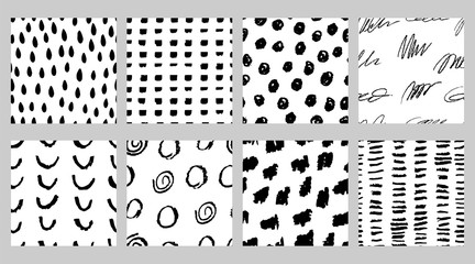 Set of black and white seamless patterns with marker and ink. Backgrounds in minimalist Scandinavian style hand-drawn for fabric, Wallpaper, wrapping paper, bed linen. Vector