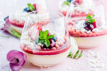 Panna Cotta mit Beerensauce, Himbeeren und frischer Minze.