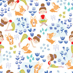 Seamless pattern with cute/ kawaii girl in yoga poses with her corgi welsh. Outdoor sport in the garden. Floral background. Healthy lifestyle.