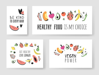 Set of Hand drawn vegetables, fruits and eco friendly words. Vector artistic doodle drawing food and Vegan quote cards. Vegetarian illustration and positive text