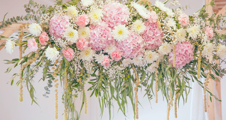 Light pink white gypsophila, dahlias, Hydrangea floral wedding decor