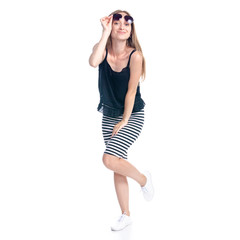 Woman in skirt with sunglasses standing smiling happiness on white background isolation