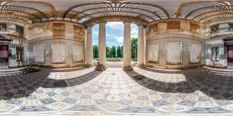 full seamless spherical hdri panorama 360 degrees angle view inside stone abandoned ruined palace building with columns in equirectangular projection, VR AR virtual reality content