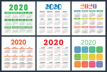 Calendar 2020 year set. Vector square calender design template. Colorful English collection. Week starts on Sunday