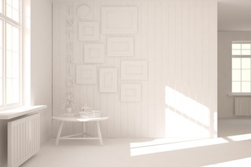 Empty room in white color. Scandinavian interior design. 3D illustration