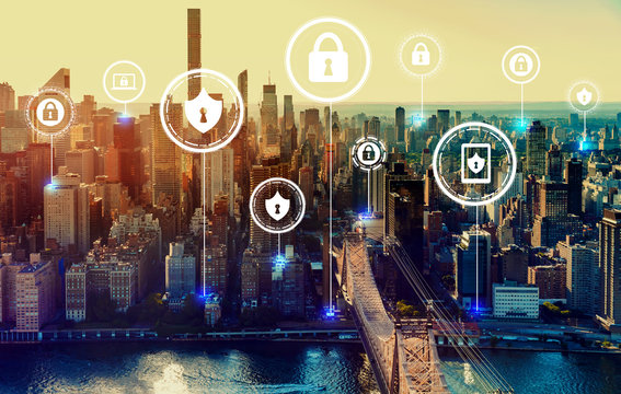 Cyber security theme with the New York City skyline near midtown - Powered by Adobe
