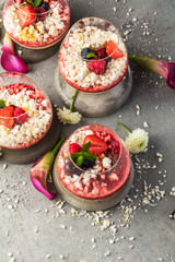 Panna cotta with berry sauce, raspberries and fresh mint.