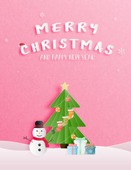 Fototapeta na wymiar Christmas celebration and happy new year greeting or invitation card in paper cut style.