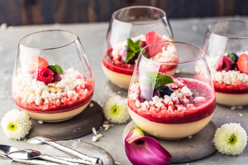Panna cotta with berry sauce, raspberries and fresh mint.