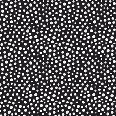 Randomly placed polka dots, hand drawn spots seamless vector pattern. Scattered big and small circles, points in various sizes. Monochrome retro background. Decorative black and white design tiles. - 273027334