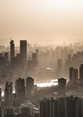 skyline of chongqing with dust and fog