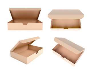 Flat brown paper boxes. Open cartons. 3d rendering illustration isolated