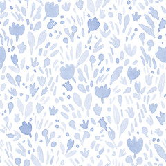 Watercolour seamless botanical pattern. Hand painted artistic ornament for creative design of posters, cards, banners, invitations, cloths, prints and wallpapers. Paper texture. Pastel blue colour.