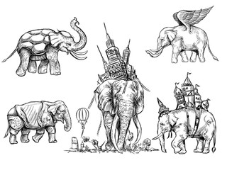Set of Fantasy elephant line  hand drawn digital painting
