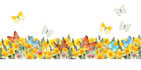seamless border of dandelions and flying butterflies. watercolor painting