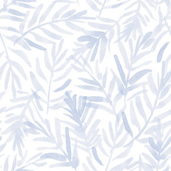 Fototapeta na wymiar Watercolour seamless tropical pattern. Hand painted artistic ornament for creative design of posters, cards, banners, invitations, cloths, prints and wallpapers. Paper texture. Pastel blue colour.
