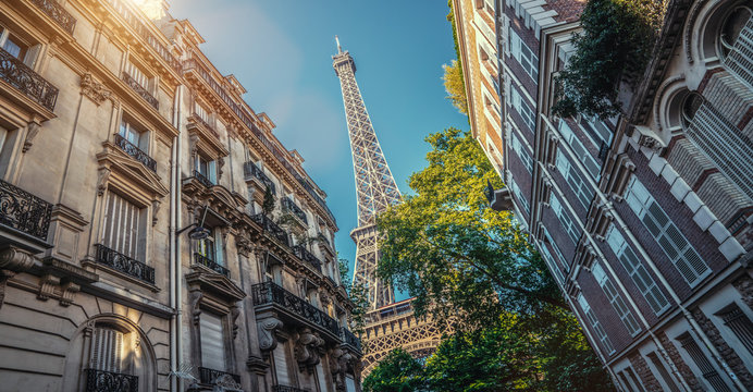 Paris street with view on the famous paris eiffel tower from rue de l'universit&eacute; on a sunny day with some sunshine