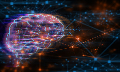 Naklejka na ściany i meble futuristic ai brain abstract digital technology internet network background 3d illustration rendering, atom cell neuron science plexus, deep learning